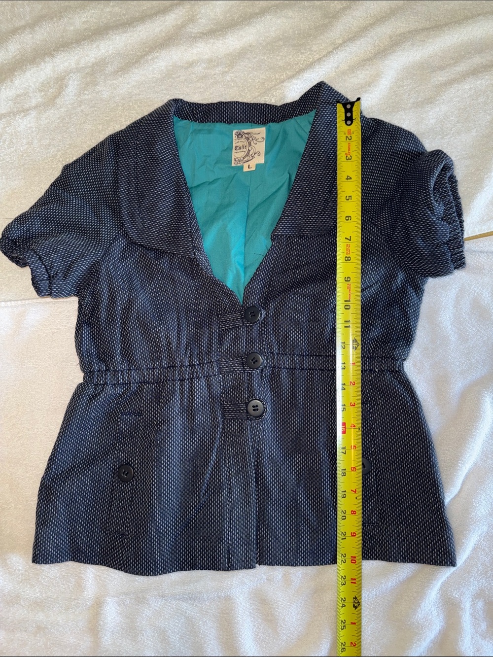 Tulle Navy Blue Dot Short Sleeve Blazer with Teal Lining - Picture 6 of 6